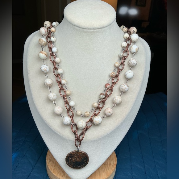 Triple Layer Necklace with Vintage Greek Coin and Rustic Howlite Beads - 17” - Picture 11 of 12